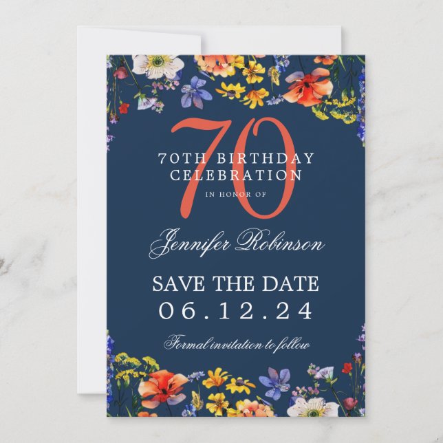 Floral 70th Birthday Save the Date Navy  Invitation (Front)