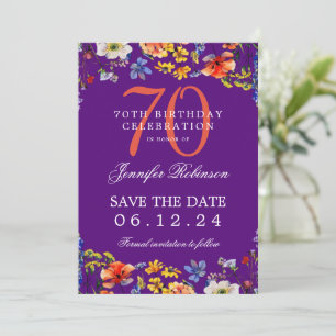 Floral 70th Birthday Save the Date Purple Invitation