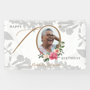 Floral 70th Birthday White Gold Botanical Photo Banner