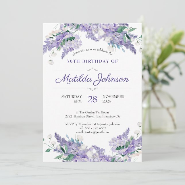 Floral 70th Birthday Wisteria Classy Purple Custom Invitation (Standing Front)