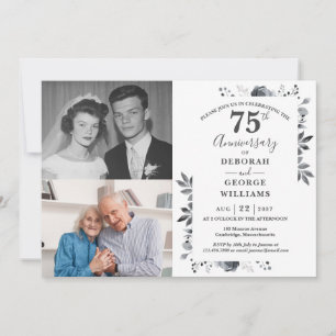 Floral 70th Wedding Anniversary Then & Now 2 Photo Invitation