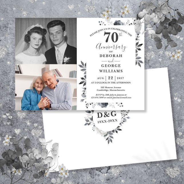 Floral 70th Wedding Anniversary Then & Now 2 Photo Invitation (Floral 70th Wedding Anniversary Then & Now 2 Photo Invitation)
