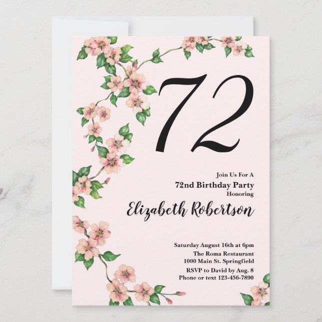 Floral 72nd Birthday Invitation in Blush Pink (Front)