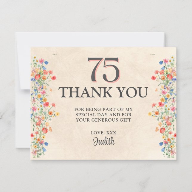 Floral 75th Birthday – Elegant Wildflower 70 years Thank You Card (Front)