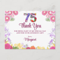 Floral 75th Birthday Thank You Elegant