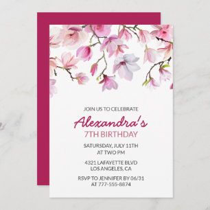 Floral 7th birthday invitation Watercolor Pink