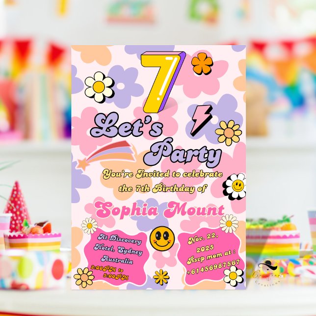 Floral 7th Birthday Invitations card for girls (Creator Uploaded)