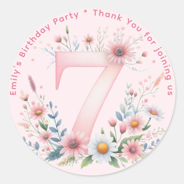 Floral 7th Birthday Thank You Favour Seven Custom Classic Round Sticker (Front)
