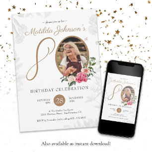 Floral 80th Birthday Black Gold Botanical Photo Invitation