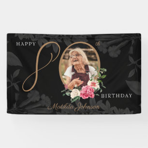Floral 80th Birthday Black Gold Chic Custom Photo Banner