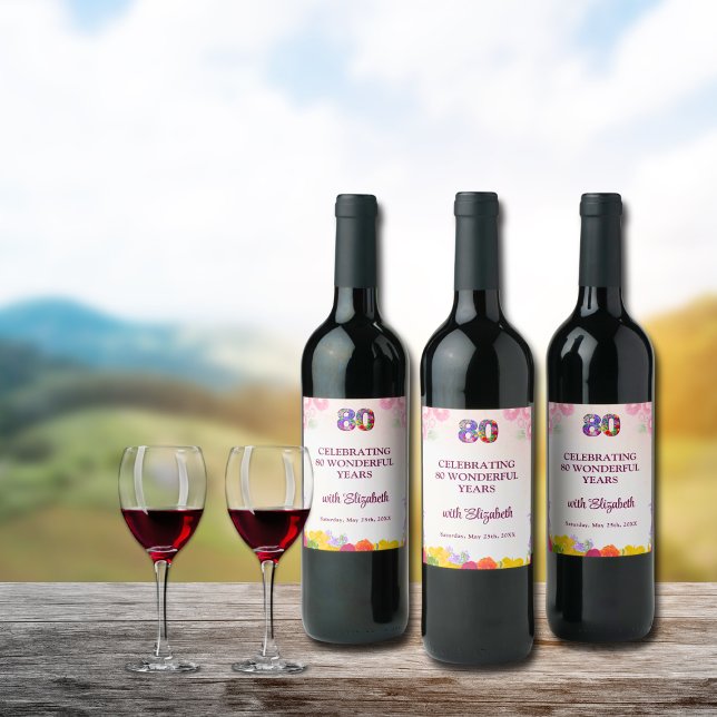 Floral 80th birthday bottle 80 years party  wine label (Creator Uploaded)