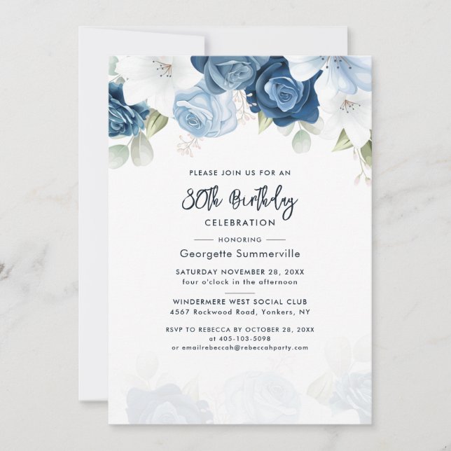 Floral 80th Birthday Dusty Blue Script Party Invitation (Front)