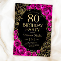 Floral 80th Birthday Fuchsia Pink Black & Gold
