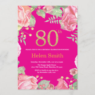 Floral 80th Birthday Gold Glitter and Hot Pink Invitation