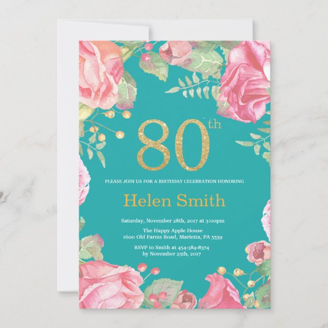 Floral 80th Birthday Gold Glitter and Teal Invitation (Front)