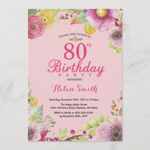 Floral 80th Birthday Invitation for Women Pink