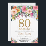 Floral 80th Birthday Invitation Gold Glitter<br><div class="desc">Floral 80th Birthday Invitation for Women. Watercolor Floral Flower. Gold Glitter. Pink,  Yellow,  Orange,  Purple Flower. Adult Birthday. For further customisation,  please click the "Customise it" button and use our design tool to modify this template.</div>