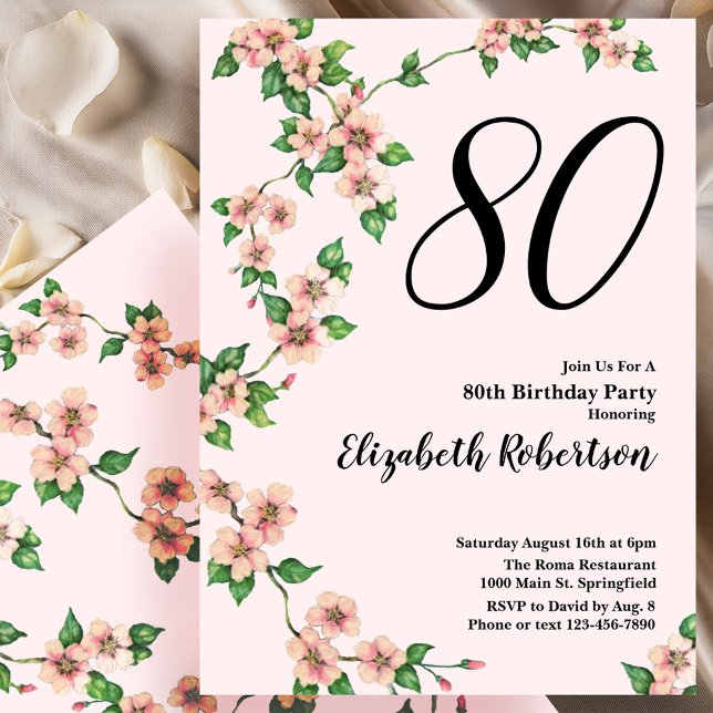 Floral 80th Birthday Invitation in Blush Pink (Creator Uploaded)