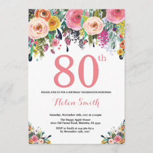 Floral 80th Birthday Invitation Pink