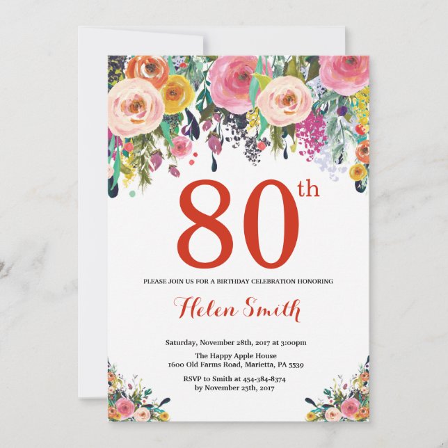 Floral 80th Birthday Invitation Red (Front)