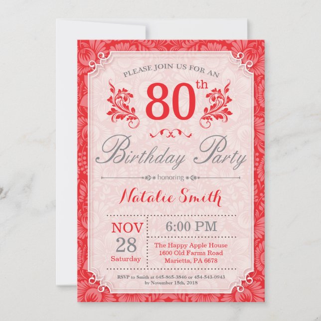 Floral 80th Birthday Invitation Red for Women (Front)