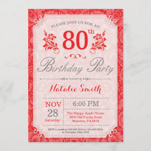 Floral 80th Birthday Invitation Red for Women