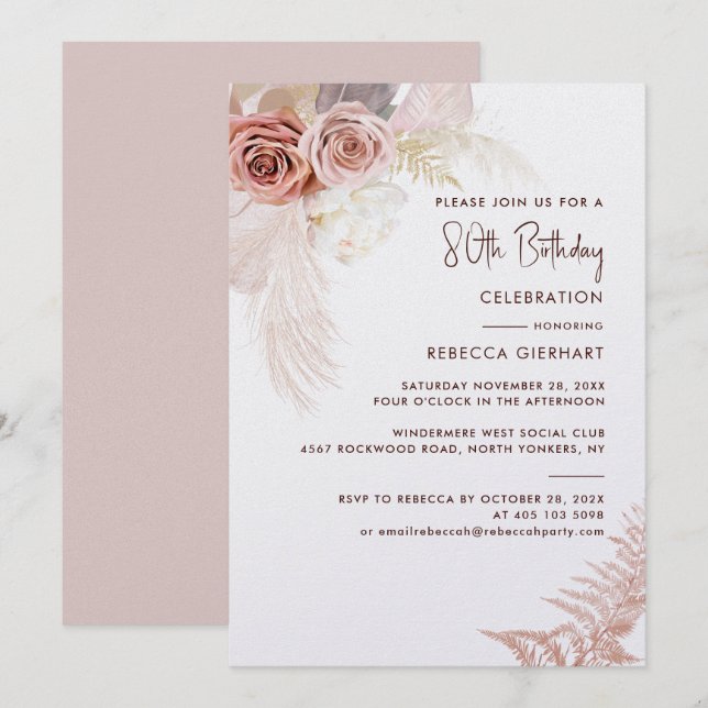 Floral 80th Birthday Pampas Grass Party Invitation (Front/Back)