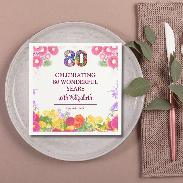 Floral 80th birthday party 80 years flower pattern napkin (Creator Uploaded)