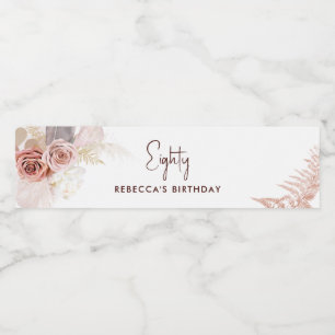 Floral 80th Birthday Party Pampas Grass Water Bottle Label