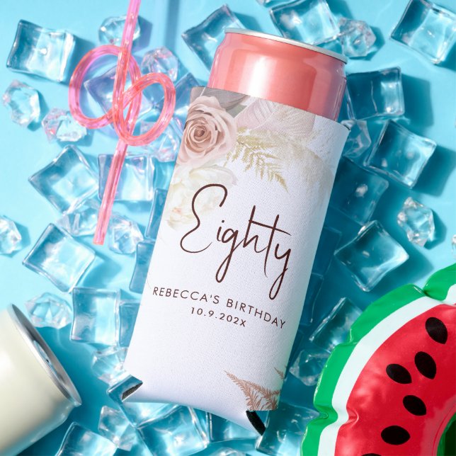 Floral 80th Birthday Party Personalised Seltzer Can Cooler (In Situ Summer)