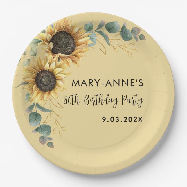 Floral 80th Birthday Party Sunflower Paper Plate (Front)