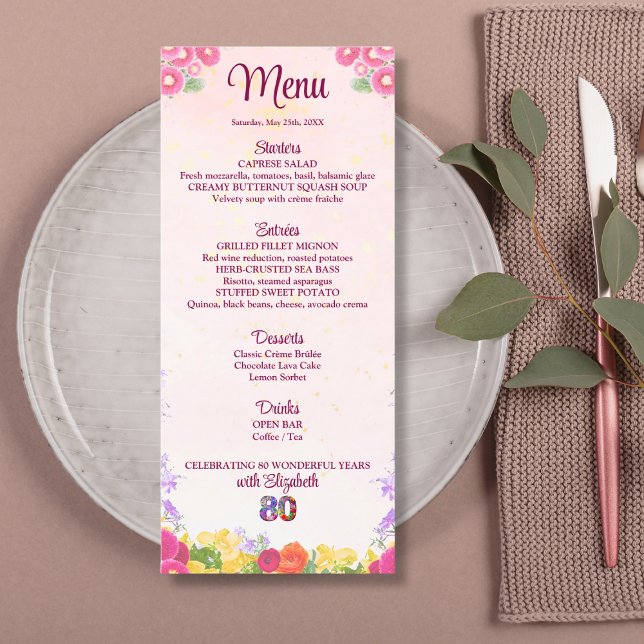 Floral 80th Birthday - Pastel Elegant 80 Years  Menu (Creator Uploaded)