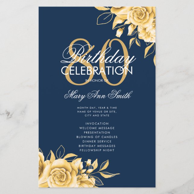 Floral 80th Birthday Program Gold & Navy w/ Menu (Front)