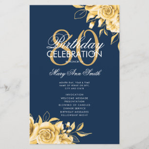 Floral 80th Birthday Program Gold & Navy w/ Menu