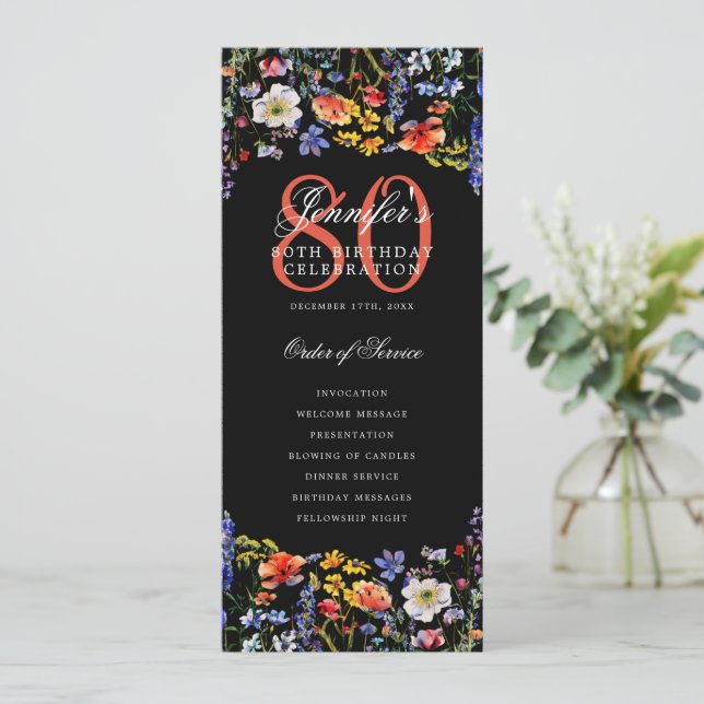 Floral 80th Birthday Program Menu Thank You Black Invitation (Standing Front)