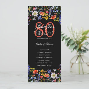 Floral 80th Birthday Program Menu Thank You Black Invitation