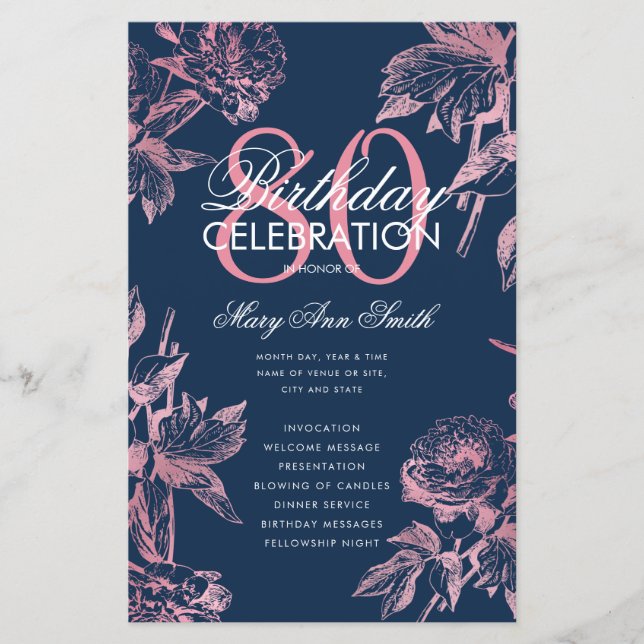 Floral 80th Birthday Program Rose Gold Navy Menu (Front)