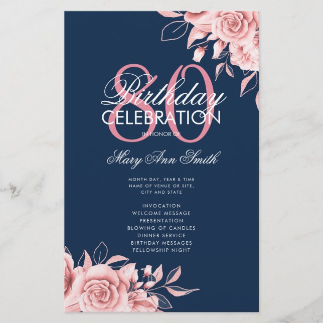 Floral 80th Birthday Program Rose Gold Navy Menu (Front)