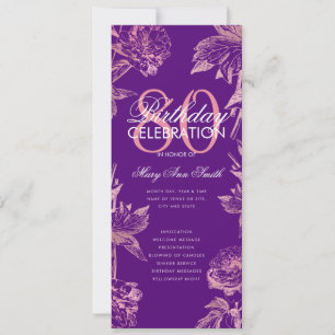 Floral 80th Birthday Program Rose Gold Purple Menu Invitation
