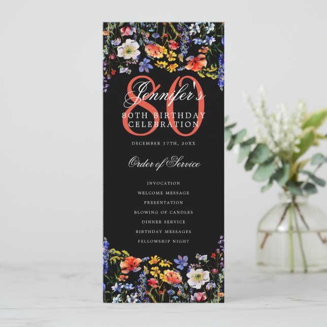 Floral 80th Birthday Program Thank You Black Invitation (Standing Front)