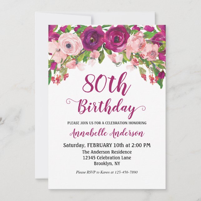 Floral 80th Birthday Purple Pink Watercolor Modern Invitation (Front)