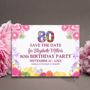  Floral 80th birthday save the date 80 elegant  Announcement Postcard