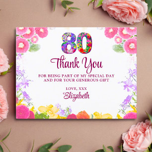 Floral 80th birthday thank you card 80 flower chic