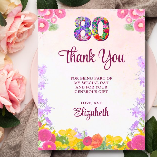Floral 80th birthday thank you card 80 flower chic (Creator Uploaded)