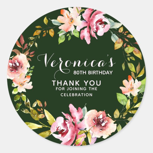 Floral | 80th Birthday Thank You| Green Classic Round Sticker (Front)