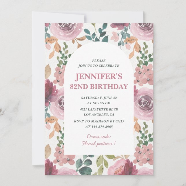 Floral 82nd birthday invitations Chic Watercolor (Front)