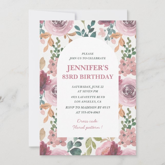 Floral 83rd birthday invitations Chic Watercolor (Front)