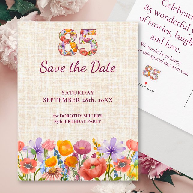 Floral 85th Birthday - 85 Elegant Save the Date Announcement Postcard (Creator Uploaded)