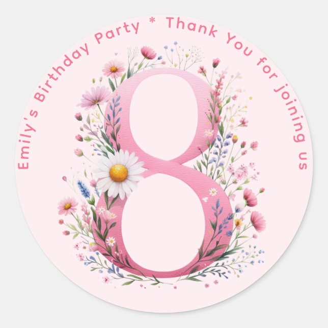Floral 8th Birthday Thank You Favour Eight Custom Classic Round Sticker (Front)
