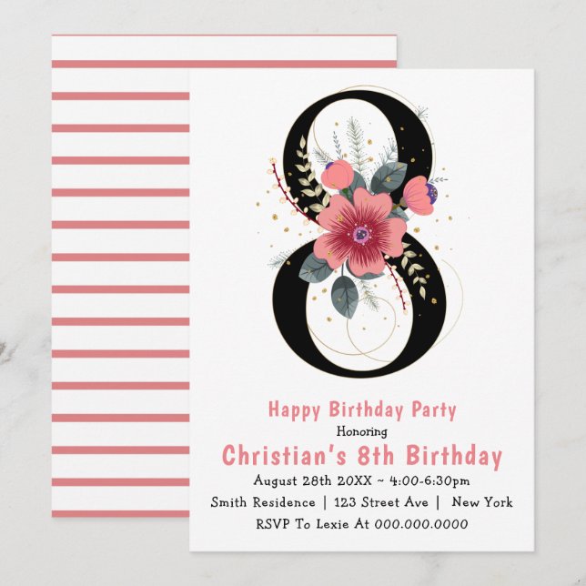 Floral 8th Typography Birthday Invitations (Front/Back)